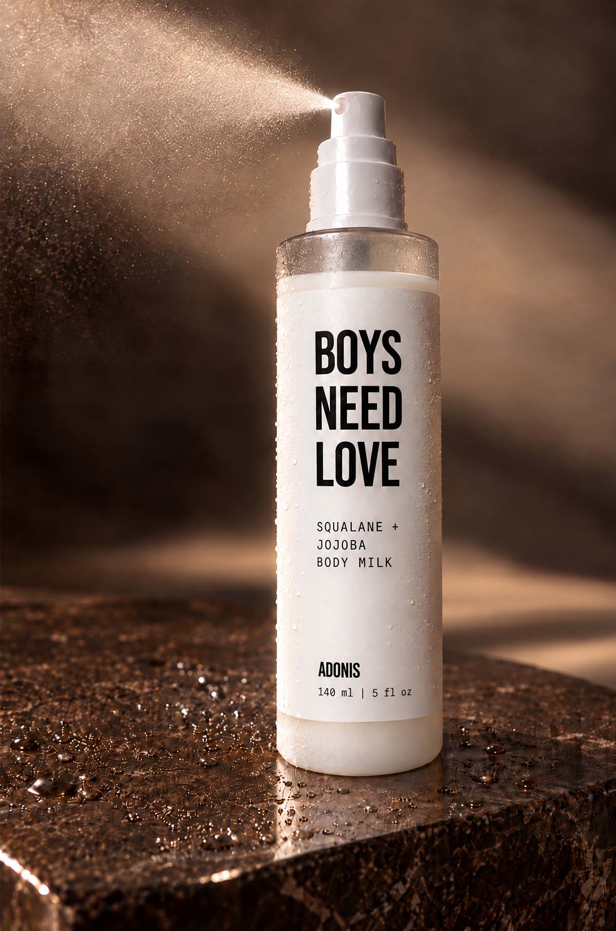 Boys Need Love Body Milk misting from the spray bottle, lightweight body lotion spray for men