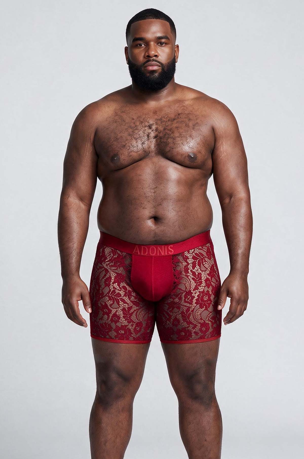 Cherry Red Sheer Lace Boxer Brief on a second model, front view