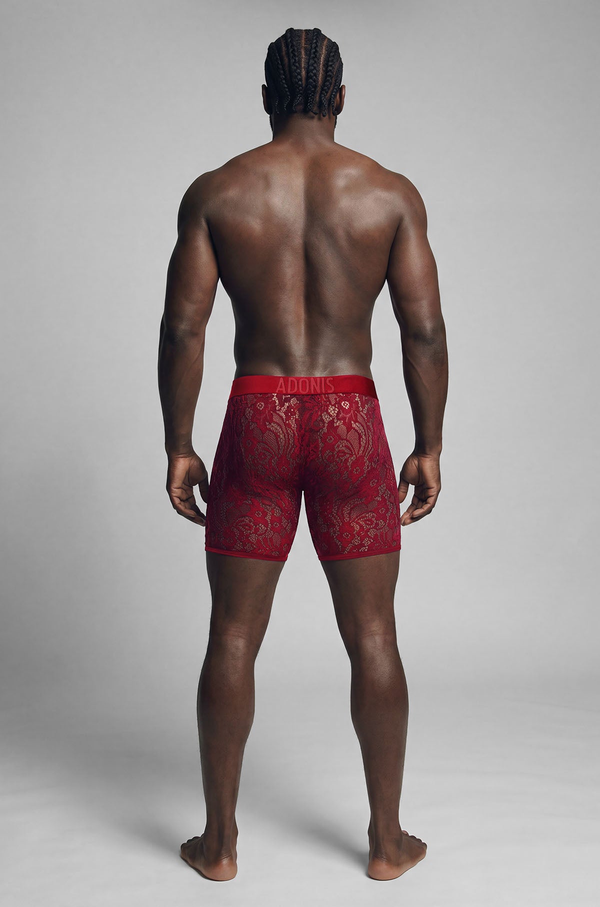 Cherry Red Sheer Lace Boxer Brief on model, back view