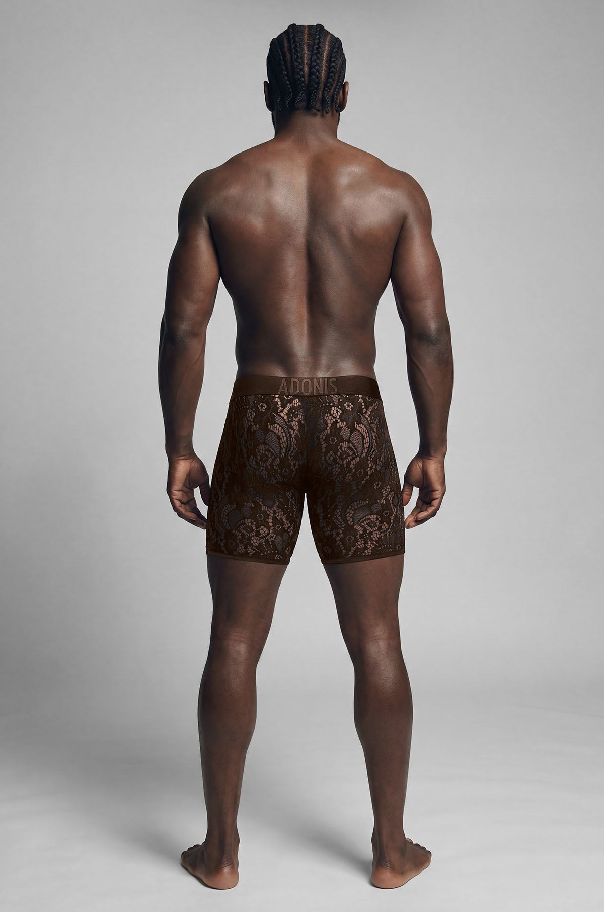 Espresso Sheer Lace Boxer Brief on model, back view