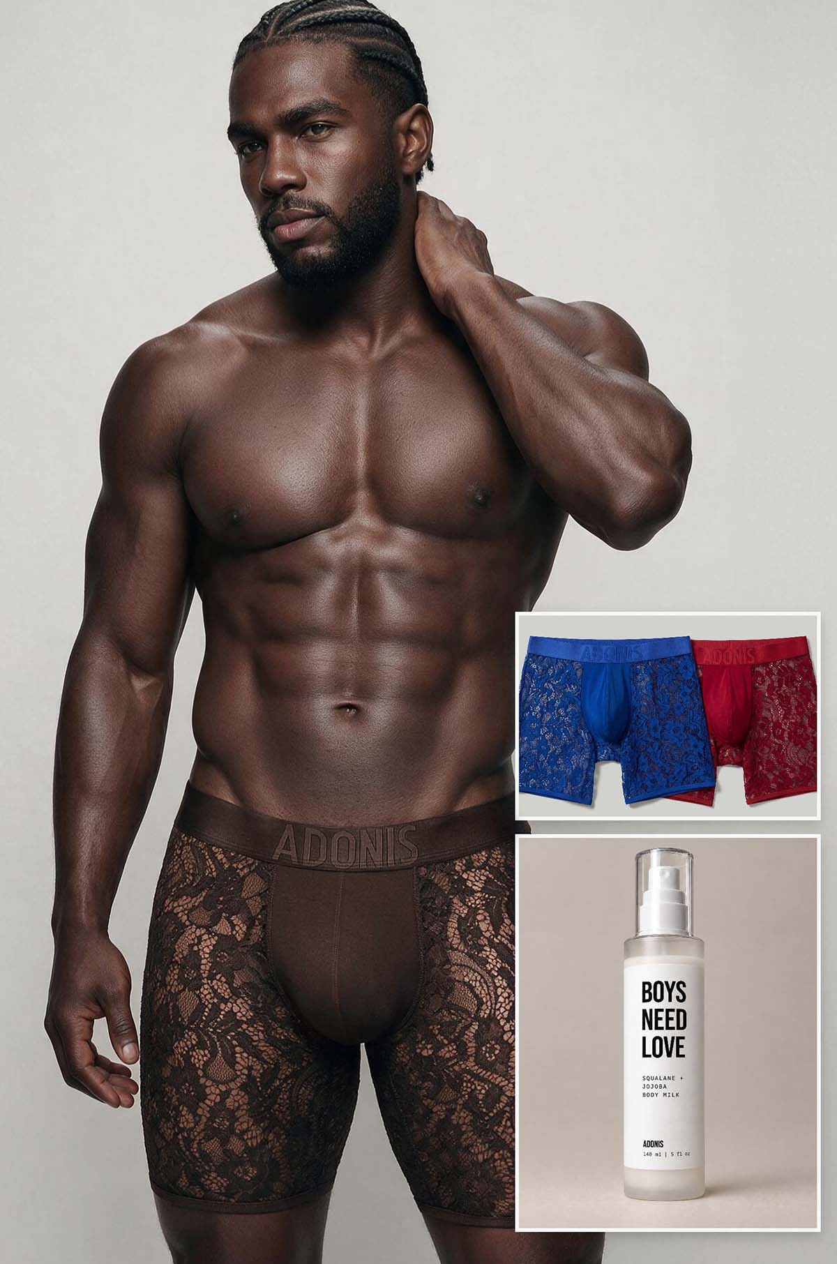 Espresso brown Sheer Lace Boxer Briefs, men's lace boxers group shot