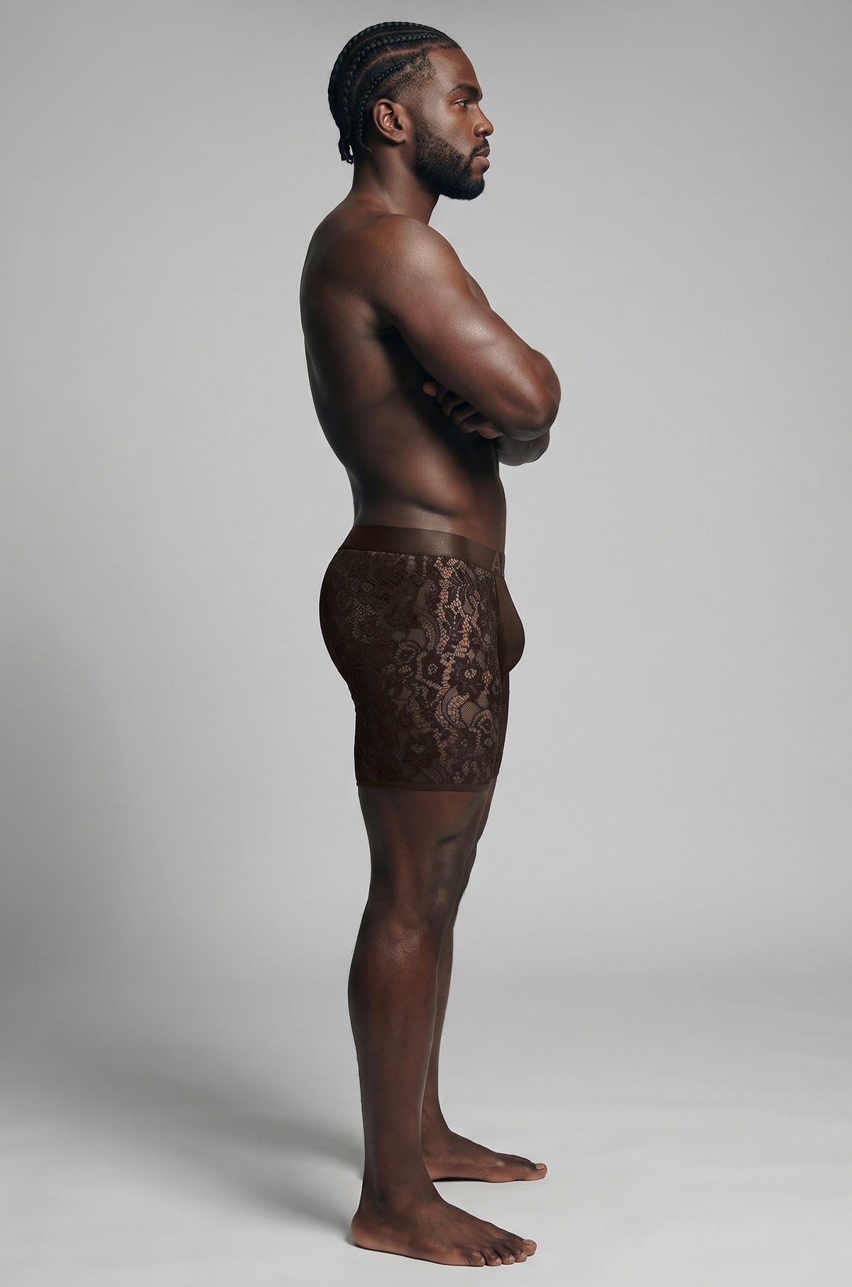 Espresso Sheer Lace Boxer Brief on model, side view