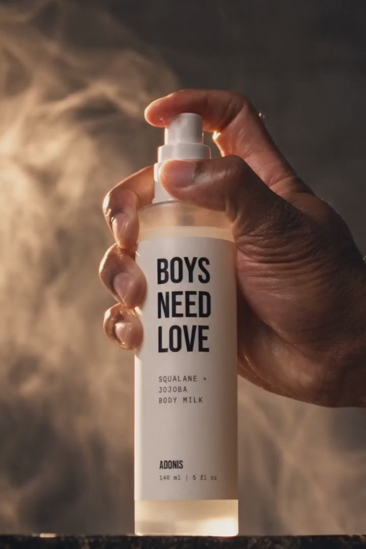 Boys Need Love Body Milk spray for men in use, by Adonis