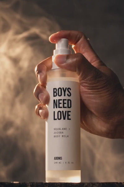 Boys Need Love Body Milk spray for men in use, by Adonis